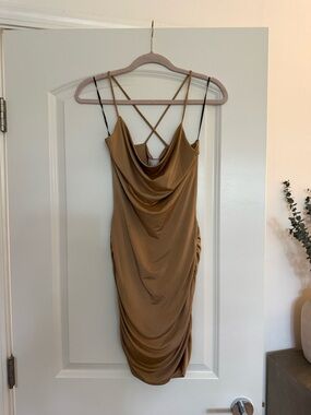 Strappy Cowl Neck Midi Dress in Camel